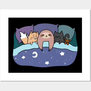 Sloth and Kitties Bed Time Snuggles Posters and Art